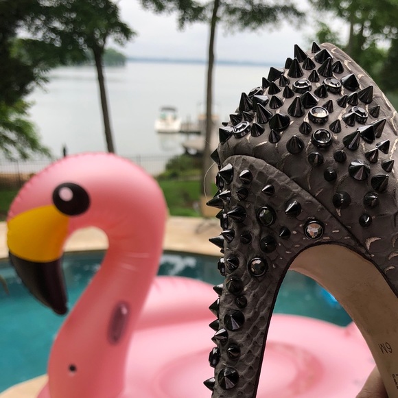 Saks Fifth Avenue RED studded platform heels - Picture 8 of 8